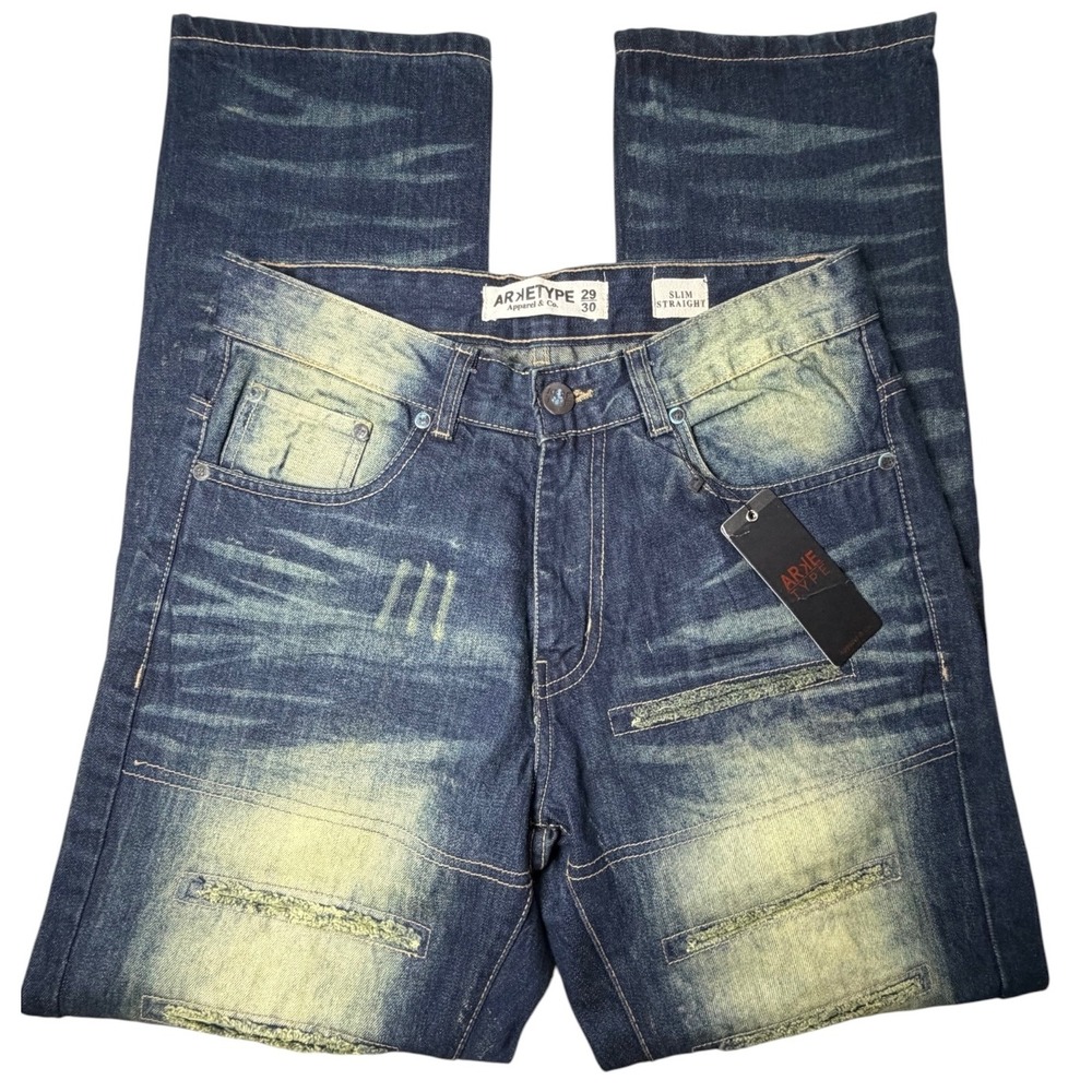 Arketype Apparel & Co Mens Slim Straight Jeans 29x30 Thrashed Y2K Cyberpunk Blue